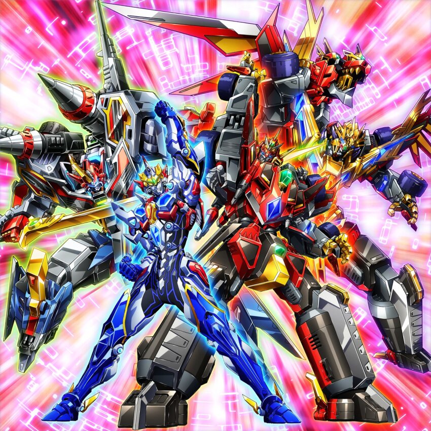 2boys acceptor armor assault_visor blue_eyes cannon denkou_choujin_gridman dinosaur drill drill_tank dynarex dynazenon_(character) full_powered_gridman gattai giant glowing glowing_eye glowing_eyes green_eyes gridknight_(ssss.gridman) gridman_(character) gridman_(ssss) gridman_calibur gridman_universe gridman_universe_(movie) headphones helmet highres holding holding_cannon holding_sword holding_weapon horns kaiser_gridknight mecha mechanical_wings multiple_boys mutaguchi_hiroki no_humans open_hand open_hands orange_eyes powered_zenon robot science_fiction sharp_teeth shoulder_armor shoulder_cannon ssss.dynazenon ssss.gridman standing super_robot sword teeth tokusatsu v-fin weapon wheel wings yellow_eyes