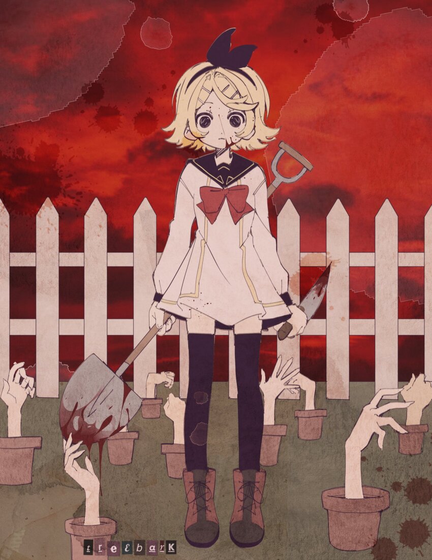 1girl black_bow black_eyes black_sailor_collar black_thighhighs blonde_hair blood blood_on_face blood_splatter bloody_knife boots bow bowtie brown_boots closed_mouth dot_nose dress empty_eyes expressionless fence flower_pot full_body grass hair_bow hair_ornament hairclip highres holding holding_knife holding_shovel kagamine_rin knife red_bow red_bowtie red_sky sailor_collar short_hair shovel signature sky solo thighhighs treebarkagain vocaloid white_dress yellow_trim