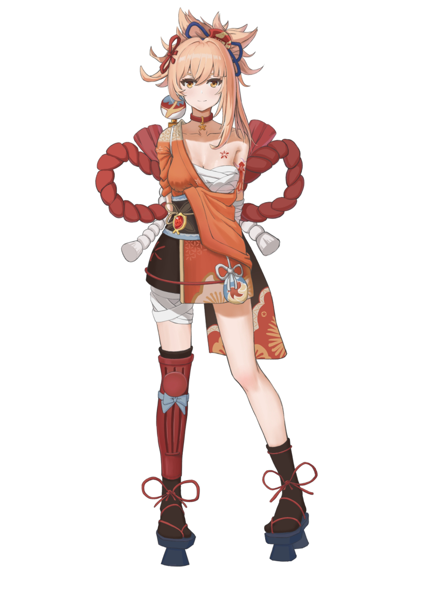 1girl bandaged_leg bandages black_sash black_socks blonde_hair breasts chest_sarashi chest_tattoo chinese_commentary choker cleavage collarbone commentary_request full_body genshin_impact geta highres japanese_clothes kimono looking_at_viewer mengqiu obi orange_kimono partial_commentary red_choker sarashi sash short_kimono shoulder_tattoo simple_background single_bare_shoulder small_breasts smile socks solo standing tattoo white_background yellow_eyes yoimiya_(genshin_impact)