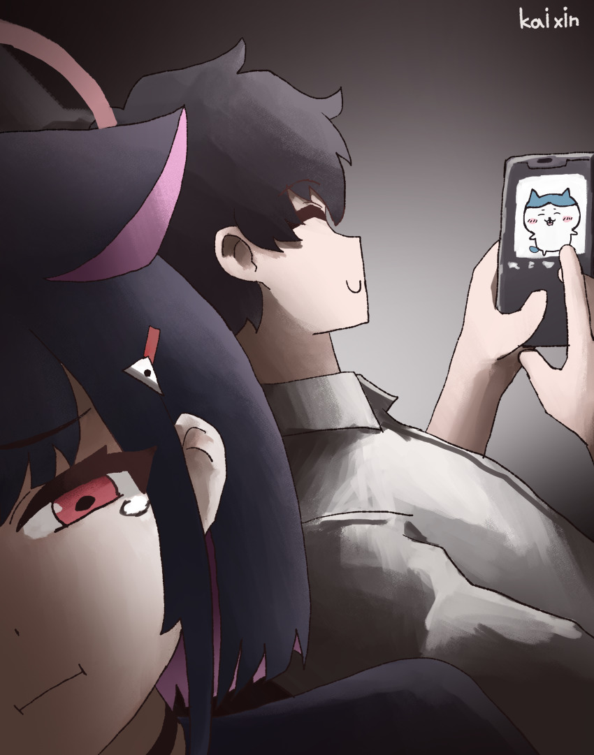 1boy 1girl ^_^ absurdres animal_ears black_choker black_hair blue_archive blue_archive_the_animation blunt_bangs bob_cut cameo cat_ears cat_girl cellphone character_request choker closed_eyes colored_inner_hair commentary copyright_request crying crying_with_eyes_open extra_ears halo highres holding holding_phone jealous kai_xin kazusa_(blue_archive) long_sleeves lying multicolored_hair on_back on_side phone pink_halo pout red_eyes sad sensei_(blue_archive) sensei_(blue_archive_the_animation) shirt short_hair sidelocks smartphone tears two-tone_hair white_shirt