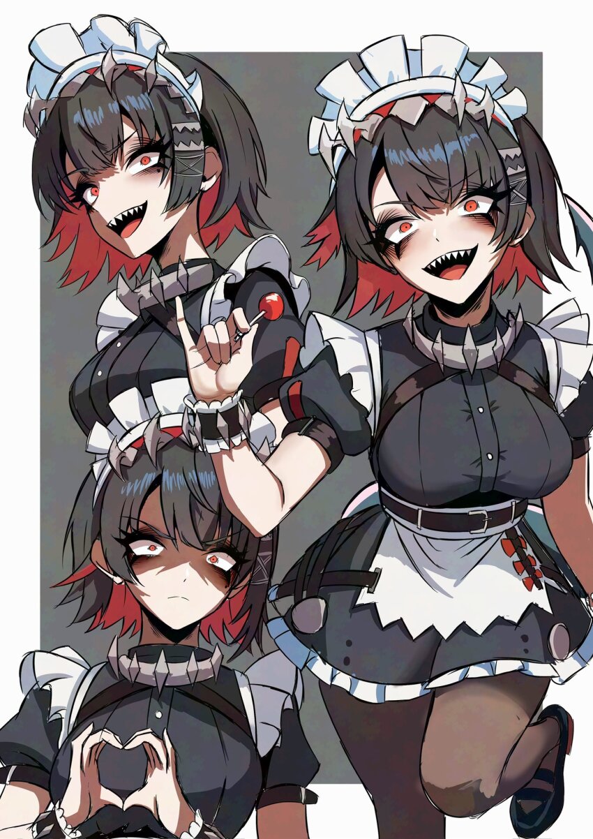 1girl belt black_belt black_dress black_eyeshadow black_pantyhose breasts buttons candy closed_mouth collar colored_inner_hair crazy_smile dress ellen_joe eyeshadow fins fish_tail food frilled_wrist_cuffs frilled_wristband frills hair_ornament heart heart_hands highres holding holding_candy holding_food holding_lollipop large_breasts lollipop looking_at_viewer maid maid_headdress makeup metal_collar metal_hairband metal_wrist_cuffs mole mole_under_eye multicolored_hair nagainegi open_mouth pantyhose puffy_short_sleeves puffy_sleeves red_eyes red_hair shaded_face shark_girl shark_tail sharp_teeth shoes short_hair short_sleeves simple_background skirt smile spiked_headband tail teeth two-tone_hair unconventional_maid wrist_cuffs zenless_zone_zero