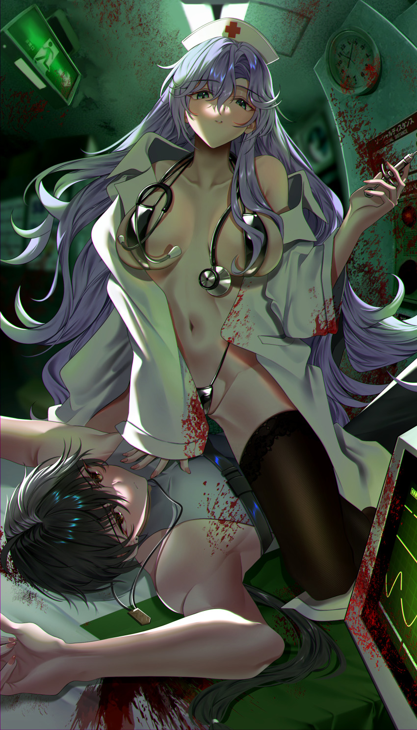 1boy 1girl absurdres bare_shoulders black_hair black_slingshot_swimsuit black_thighhighs blood blue_eyes breasts cantarella_(wuthering_waves) closed_mouth collarbone commentary english_commentary girl_on_top grey_shirt groin hair_between_eyes hat highres holding holding_syringe indoors jacket large_breasts long_hair looking_at_viewer male_rover_(wuthering_waves) navel nurse_cap open_clothes open_jacket parted_lips purple_hair rover_(wuthering_waves) shirt sleeveless sleeveless_shirt slingshot_swimsuit smu_(xhsg8274) stethoscope stomach swimsuit syringe thighhighs thighs toned toned_male very_long_hair white_jacket wuthering_waves yellow_eyes