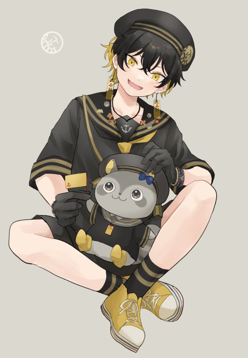 1boy :d anchor_necklace animal beret black_gloves black_hair black_hat black_shirt black_shorts black_socks blonde_hair bracelet clothed_animal crossed_ankles crossed_bangs earrings flag full_body gloves grey_background hair_between_eyes hat highres holding holding_flag holostars jewelry kotatsu_(yatogami_fuma) lapel_pin looking_at_animal male_focus mioto_(tsubsq_m) multicolored_hair neckerchief necklace open_mouth raccoon shirt shoes short_hair shorts simple_background sitting smile sneakers socks solo striped_clothes striped_socks two-tone_hair virtual_youtuber yatogami_fuma yellow_eyes yellow_neckerchief yellow_shoes