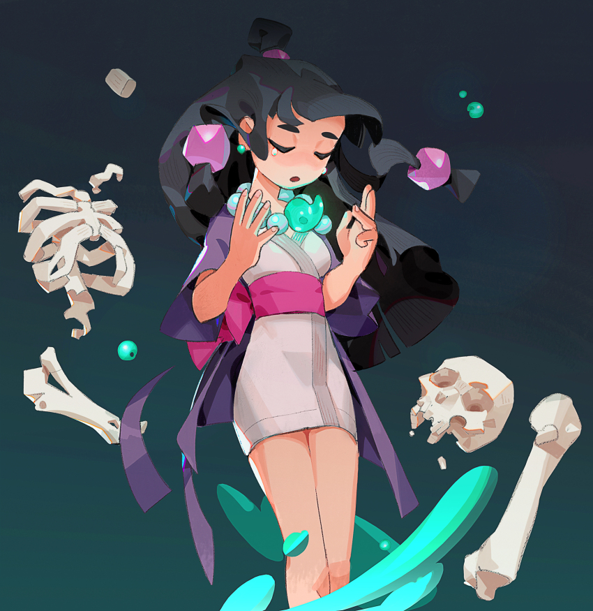 1girl absurdres ace_attorney balcony bone breasts closed_eyes commentary crying english_commentary geniski66 hair_ornament hanten_(clothes) highres japanese_clothes jewelry kimono long_hair magatama magatama_necklace maya_fey necklace pink_sash sash short_kimono skull small_breasts solo tears topknot very_long_hair