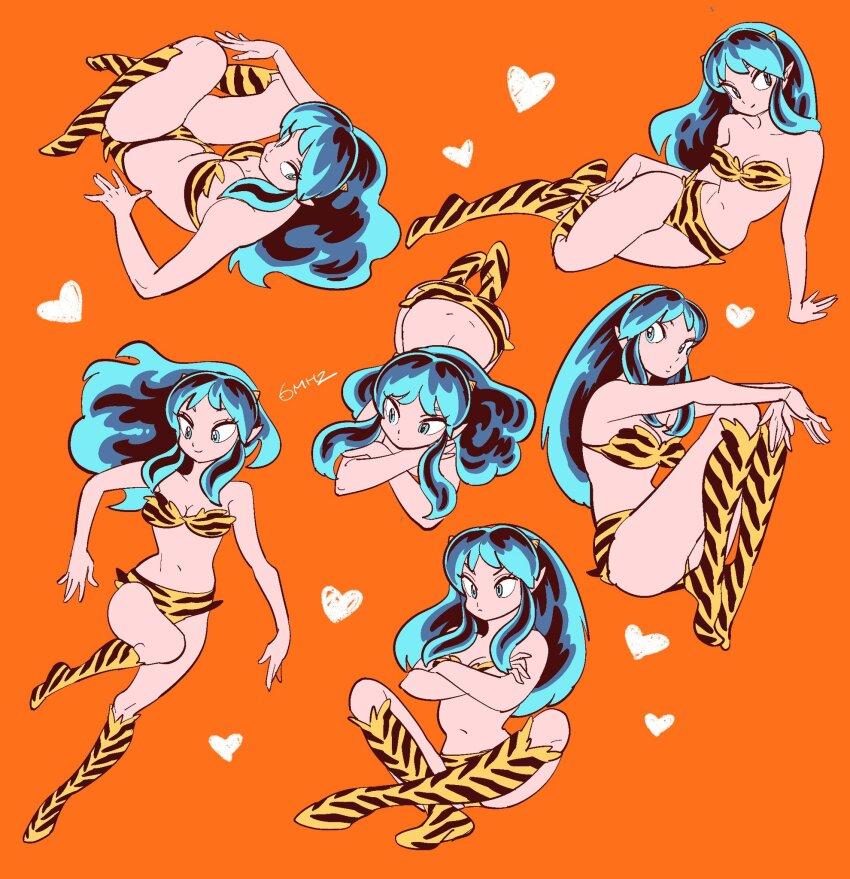 1girl animal_print aqua_eyes aqua_hair ass bare_arms bare_shoulders bikini breasts cleavage crossed_arms dimples_of_venus full_body furrowed_brow heart highres horns hugging_own_legs indian_style long_hair lum lying medium_breasts midriff muda_rengou_to_ziggy_stardust multiple_views navel on_stomach oni orange_background pointy_ears print_bikini print_boots sidelocks sitting solo swimsuit thighs tiger_print twintails urusei_yatsura