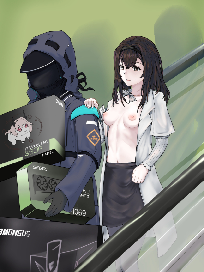 1girl 1other 3_iq_tuna :3 among_us arknights black_hairband black_jacket black_skirt box breasts brown_hair coat commentary cowboy_shot doctor_(arknights) doro_(nikke) english_commentary escalator gloves goddess_of_victory:_nikke graphics_card hairband hand_on_another&#039;s_shoulder highres holding hood hood_up hooded_jacket indoors jacket long_hair long_sleeves medium_breasts navel nipples nvidia pencil_skirt photo-referenced pink_hair priestess_(arknights) red_eyes shirt skirt standing theresa_(arknights) variant_set white_coat