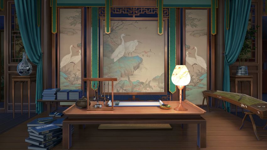 animal_print architecture bird_print book book_stack calligraphy_brush chinese_commentary chinese_text commentary_request curtains east_asian_architecture flower_pot guzheng highres incense_burner instrument lamp light no_humans original paintbrush paper plant roomscape scenery shadow table tree_print vase xingzhi_lv