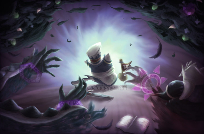book crown flag from_behind highres holding holding_flag horns kirby&#039;s_return_to_dream_land_deluxe kirby_(series) kminatsu_(ycvg2887) magolor magolor_soul master_crown multiple_persona nintendo no_humans rayman_limbs reaching reaching_towards_another traitor_magolor watermark
