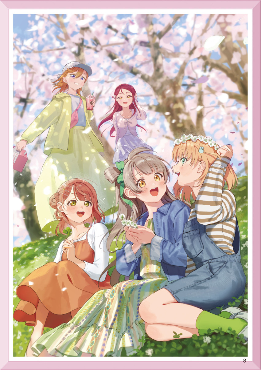 5girls :d aqua_eyes blue_overalls blush border bow breasts brown_hair bun_with_braided_base cherry_blossoms collarbone collared_jacket dress flower flower_wreath frilled_dress frills green_bow green_dress green_socks grey_shoes grin hair_bow hair_bun hair_flower hair_ornament hanami head_wreath highres hinoshita_kaho in-franchise_crossover jacket link!_like!_love_live! long_dress long_skirt long_sleeves looking_at_another looking_up love_live! love_live!_days:_love_live!_general_magazine love_live!_nijigasaki_high_school_idol_club love_live!_school_idol_project love_live!_sunshine!! love_live!_superstar!! mananasu medium_breasts medium_hair minami_kotori multiple_girls official_art on_ground one_side_up open_clothes open_jacket open_mouth orange_dress orange_hair outdoors overall_shorts overalls page_number pinafore_dress pink_border pink_flower pink_jacket profile purple_eyes rabbit_hair_ornament red_hair sakurauchi_riko shibuya_kanon shirt shoes single_side_bun sitting skirt sleeveless sleeveless_dress sleeves_past_wrists smile socks striped_clothes striped_shirt teeth third-party_source uehara_ayumu upper_teeth_only white_dress white_shirt yellow_eyes yellow_jacket yellow_skirt yokozuwari