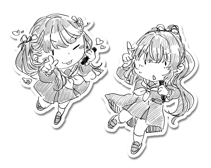 2girls 524ryo ;p chibi chibi_only commentary_request dress drop_shadow fujishima_megumi greyscale hair_ribbon hasu_no_sora_school_uniform heart highres holding holding_microphone link!_like!_love_live! loafers long_hair long_sleeves looking_at_viewer love_live! medium_dress microphone monochrome multiple_girls neckerchief official_alternate_hairstyle on_your_mark_(love_live!) one_eye_closed otomune_kozue outline pleated_dress pointing pointing_at_viewer ponytail ribbon sailor_collar sailor_dress school_uniform shoes simple_background smile socks sweatdrop tongue tongue_out twintails virtual_youtuber white_background white_outline winter_uniform