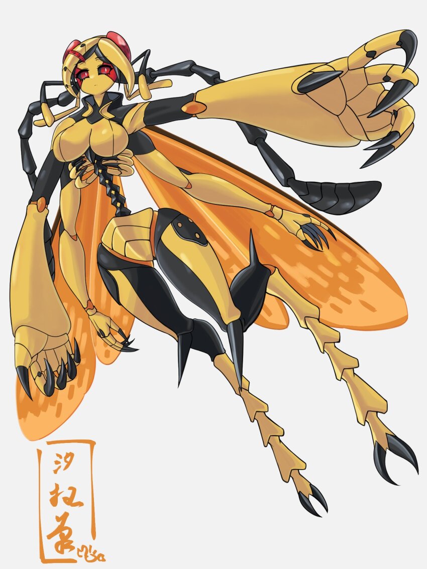1girl 7shiomaneki53 antennae arthropod_girl black_sclera black_skin breasts carapace claws colored_sclera colored_skin commission expressionless extra_arms full_body grey_background highres insect_wings medium_breasts multicolored_skin narrow_waist original oversized_forearms oversized_limbs red_eyes skeb_commission solo two-tone_skin wasp_girl wings yellow_skin