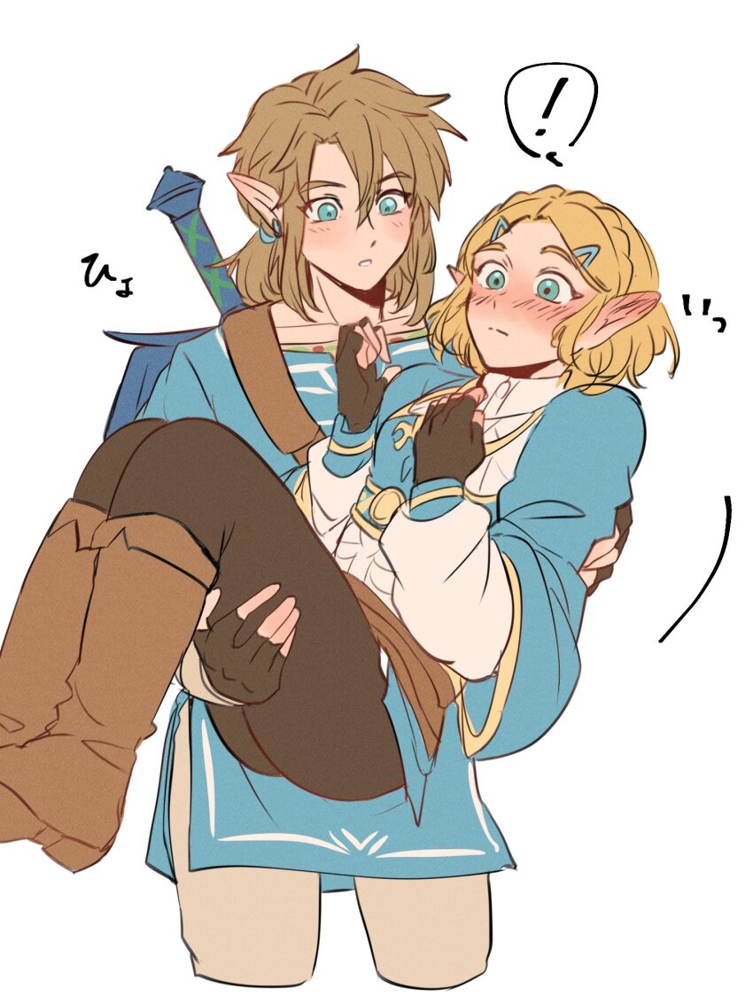 ! 1boy 1girl aorin_(riley17_a) belt blonde_hair blue_eyes blue_skirt blue_tunic blush boots braid brown_boots brown_gloves brown_hair brown_pants carrying collared_shirt crown_braid earrings eyelashes fingerless_gloves gloves gold_trim green_eyes hair_ornament hairclip highres jewelry knee_boots link long_sleeves low_ponytail master_sword medium_hair nintendo pants pointy_ears ponytail princess_carry princess_zelda shirt short_hair sidelocks simple_background skirt speech_bubble sword the_legend_of_zelda the_legend_of_zelda:_tears_of_the_kingdom tunic weapon white_background white_pants white_shirt