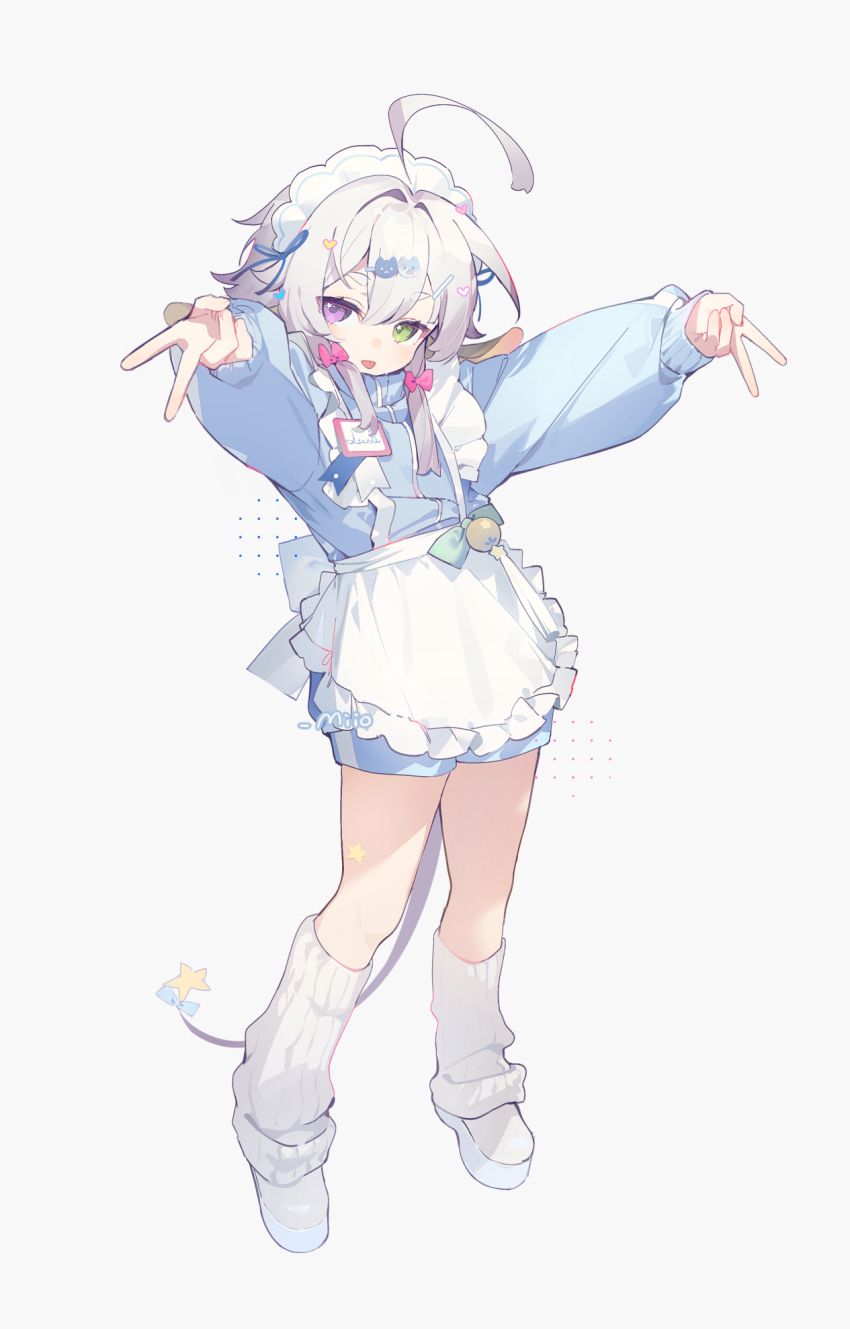 1girl ahoge apron arin_(fanfan013) bow eyelashes frills full_body green_eyes grey_hair hair_between_eyes hair_ornament hairclip hairpin heart heterochromia highres huge_ahoge leg_warmers long_sleeves looking_at_viewer maid maid_apron maid_headdress medium_hair original pink_bow pink_eyes screentones shoes short_eyebrows simple_background solo standing tail tongue tongue_out v white_apron white_background white_leg_warmers white_shoes