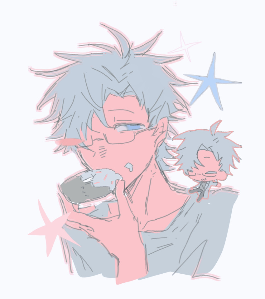 1boy :3 black_pants blue_eyes chibi chinese_commentary closed_eyes closed_mouth commentary_request curtained_hair donut food food_on_face grey_hair grey_shirt highres holding holding_food jiangdong_0529 kanou_aogu lab_coat lapels male_focus multiple_views notched_lapels pants saibou_shinkyoku shirt short_hair simple_background smile star_(symbol) white_background
