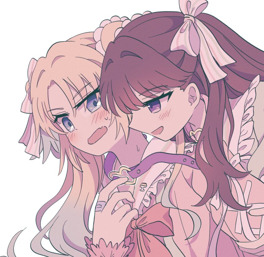 2girls :d aqua_dress aqua_hair bandaged_fingers bandaged_hand bandages blonde_hair blue_eyes blush bow bowtie brown_hair choker commentary_request cross-laced_clothes cross-laced_sleeves dress fang flower frilled_sailor_collar frills fujishima_megumi gradient_hair hair_flower hair_ornament hair_ribbon hakuchu_a_la_mode heart heart_o-ring heart_ring_choker highres link!_like!_love_live! long_hair looking_at_another love_live! mira-cra_park! multicolored_hair multiple_girls o-ring o-ring_choker open_mouth osawa_rurino parted_bangs pink_dress pink_flower pinstripe_ribbon profile purple_choker purple_eyes red_bow red_bowtie ribbon sailor_collar sideways_mouth simple_background skin_fang smile sweat twintails two_side_up undone_choker upper_body virtual_youtuber watage_modoki white_background white_ribbon white_sailor_collar yuri