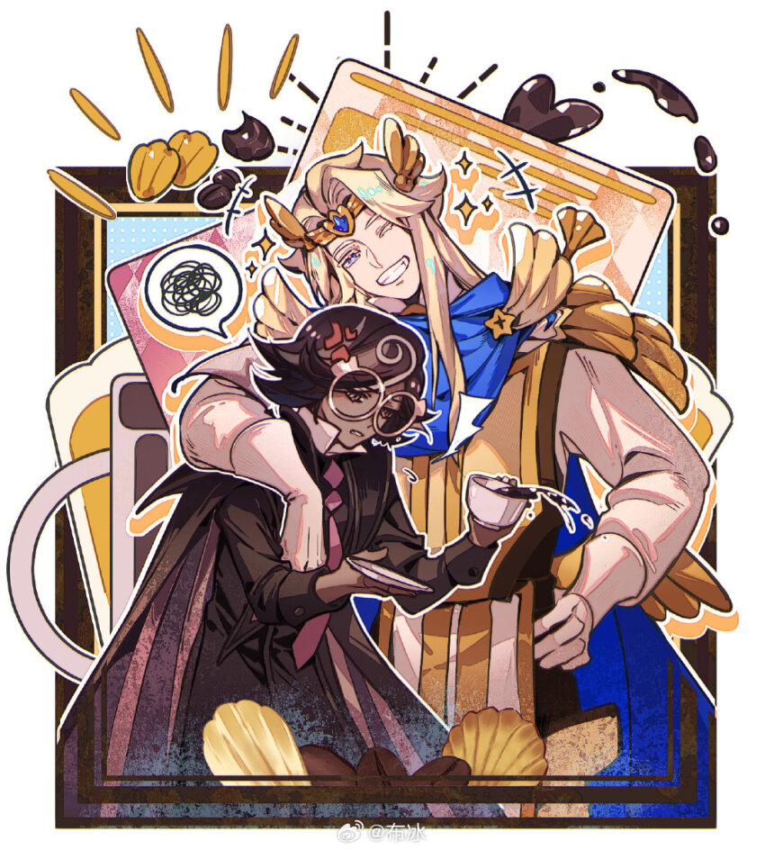 +++ 2boys anger_vein annoyed arm_around_shoulder armor black_pants blonde_hair blue_cape blue_eyes border brown_cape brown_hair brown_robe bubing cape chinese_commentary circlet coffee coffee_beans colored_eyelashes cookie_run cookie_run:_kingdom cowboy_shot cup curtained_hair dark-skinned_male dark_skin espresso_cookie furrowed_brow glasses gloves grin hand_on_own_hip height_difference highres holding holding_cup holding_saucer humanization long_hair long_sleeves looking_at_viewer madeleine madeleine_cookie male_focus multicolored_hair multiple_boys mystical_high_collar name_connection necktie notice_lines object_namesake one_eye_closed outside_border pants parted_bangs parted_lips pink_necktie popped_collar robe round_eyewear saucer shirt short_hair shoulder_armor smile sparkle spilling spoken_squiggle squiggle standing streaked_hair swept_bangs tabard watermark weibo_watermark white_border white_gloves white_shirt winged_hair_ornament