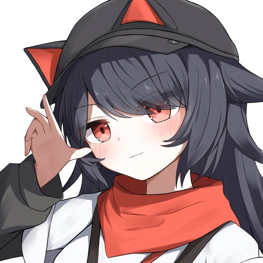 1girl animal_ear_headwear animal_ears animal_hat black_hair blush cat_ears cat_hat closed_mouth deltaflair_(vrchat) ears_through_headwear eyes_visible_through_hair fake_animal_ears hand_up hat highres layered_sleeves long_hair long_sleeves looking_at_viewer official_alternate_costume red_eyes red_scarf retumaru_berry scarf shirt simple_background smile solo upper_body vrchat white_background white_shirt