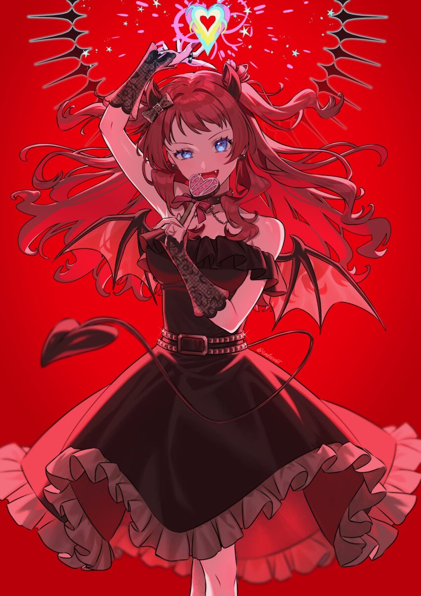 1girl black_dress blue_eyes commentary_request demon_tail demon_wings dress fake_tail fake_teeth fake_wings fang gakuen_idolmaster hanami_saki heart highres idolmaster long_hair looking_at_viewer smile solo strapless strapless_dress tail talaloco two_side_up wings
