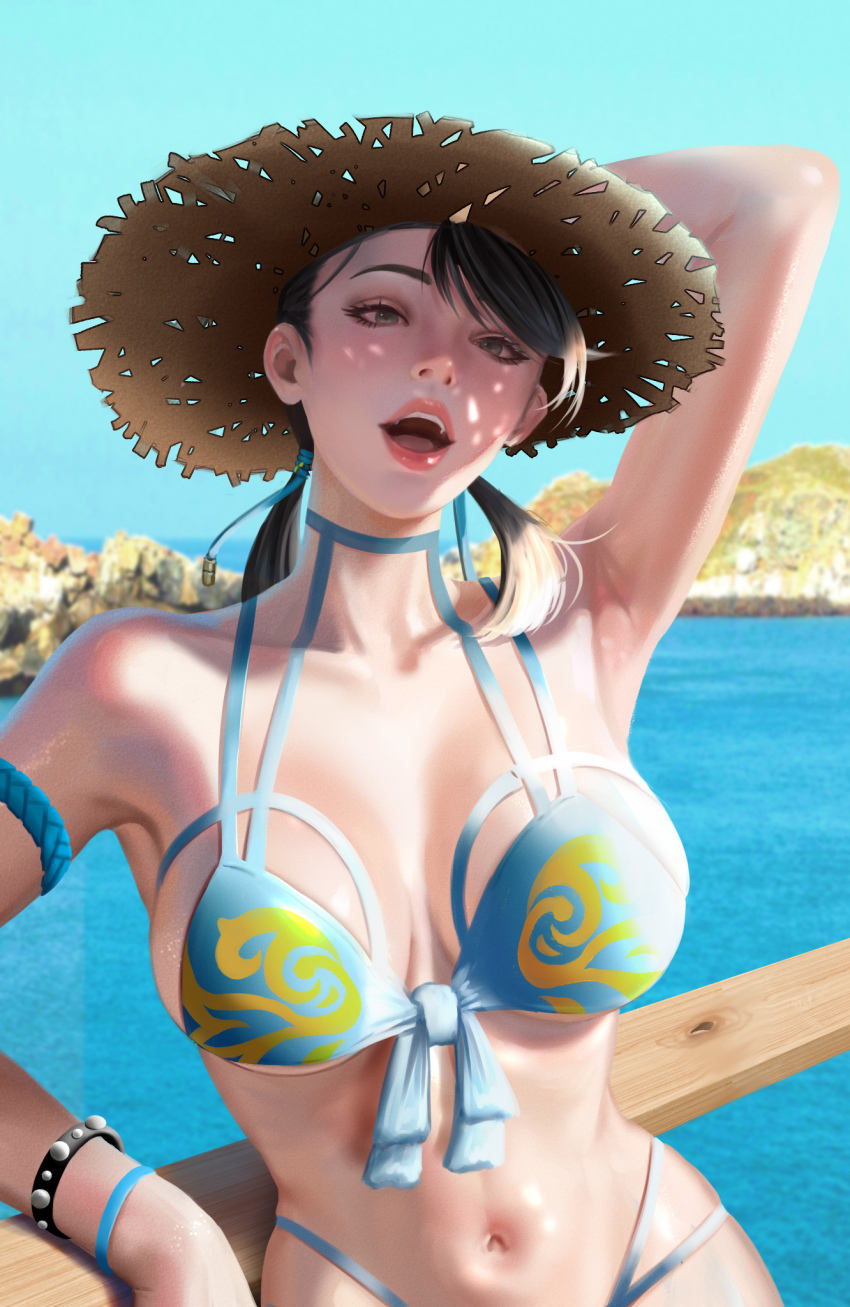 1girl adapted_costume against_railing alternate_hairstyle armlet armpits bikini black_hair blue_bikini blue_eyes booger_wang breasts capcom chun chun-li cleavage collarbone commentary day flower front-tie_bikini_top front-tie_top hat highres horizon jewelry large_breasts low_twintails multi-strapped_bikini_bottom ocean open_mouth print_bikini railing short_hair solo straw_hat street_fighter street_fighter_v sun_hat swimsuit teeth twintails upper_teeth_only