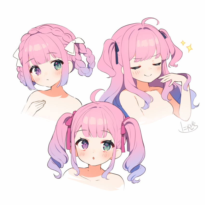1girl ahoge bare_shoulders blush braid breasts closed_eyes curly_hair hair_rings hand_in_own_hair hand_on_own_chest heterochromia highres himemori_luna hololive long_hair multiple_views no_nipples nyasunyadoora open_mouth ribbon small_breasts sparkle topless_female twin_braids twintails two_side_up virtual_youtuber