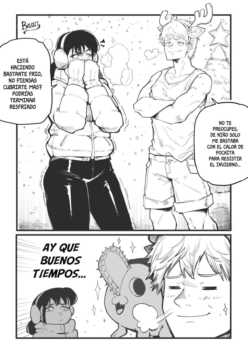 1boy 1girl antlers chainsaw_man christmas_tree coat crossed_arms denji_(chainsaw_man) earmuffs fake_antlers gloves greyscale highres horns mitaka_asa monochrome pants pochita_(chainsaw_man) reindeer_antlers short_hair shorts spanish_text speech_bubble tank_top translation_request trembling victorbalgitt winter_clothes winter_coat