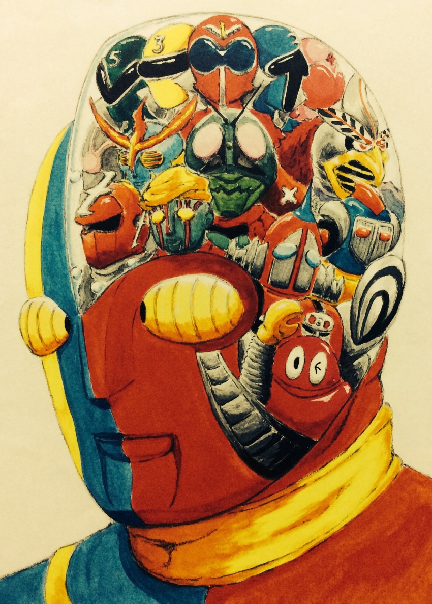 1girl 6+boys aka_ranger android ao_ranger arashi_(henshin_ninja_arashi) artist_request blue_kanta character_request copyright_request creator_connection cyborg fire ganbare!!_robocon ganbarre!!_robocon grounzel hayakawa_ken_(kaiketsu_zubat) hayama_jouji hayama_ryuuji hayate_(henshin_ninja_arashi) helmet henshin_ninja_arashi highres himitsu_sentai_gorenger hongou_takeshi inazuman inazuman_(series) ishimori_prod jinzou_ningen_kikaider jirou_(kikaider) k_(robot_keiji) kaijou_tsuyoshi kaiketsu_zubat kaiketsu_zubat_(series) kamen_rider kamen_rider_(1st_series) kamen_rider_1 kenji_asuka ki_ranger kikaider mask mido_ranger momo_ranger multiple_boys peggy_matsuyama portrait robocon robot robot_keiji shinmei_akira simple_background skyzel super_sentai tokusatsu trait_connection tv_asahi uchuu_tetsujin_kyoudain