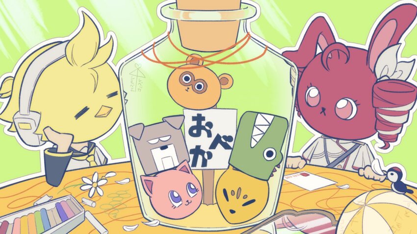 1boy 1girl ahoge ai_ai_gasa ball beachball bird black_sailor_collar blonde_hair bow buttons chalk corked_bottle double-breasted drill_hair flower green_background hands_on_own_face hands_on_table headphones highres kagamine_len kasane_teto kasane_teto_(sv) mask necktie obeka_(vocaloid) puffin red_eyes red_hair reez_717 ribbon sailor_collar short_hair shoulder_belt shoulder_boards synthesizer_v table twin_drills utau vocaloid white_bow white_ribbon