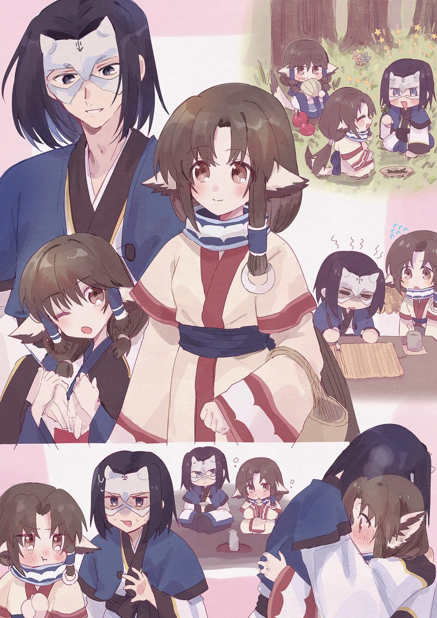 1boy 2girls absurdres aomattya aruruu blue_eyes blue_hair blush brown_eyes brown_hair calligraphy_brush chibi collage commentary_request crossed_legs drunk eating eruruu forest grass hakuowlo highres hug long_hair mask multiple_girls nature one_eye_closed outdoors paintbrush paper pout short_hair sitting smile squeans tree utawarerumono