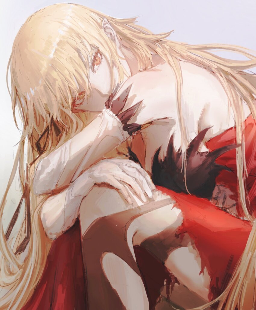 1girl bare_shoulders bent_over blonde_hair breasts brown_pantyhose cleavage dress elbow_gloves feather-trimmed_dress feather-trimmed_gloves feather_trim feet_out_of_frame from_side gloves hand_on_own_knee highres kiss-shot_acerola-orion_heart-under-blade kizumonogatari large_breasts long_hair looking_at_viewer monogatari_(series) oshino_shinobu pantyhose red_dress sitting solo strapless strapless_dress taki_(a313131333) torn_clothes torn_dress torn_pantyhose very_long_hair white_gloves yellow_eyes