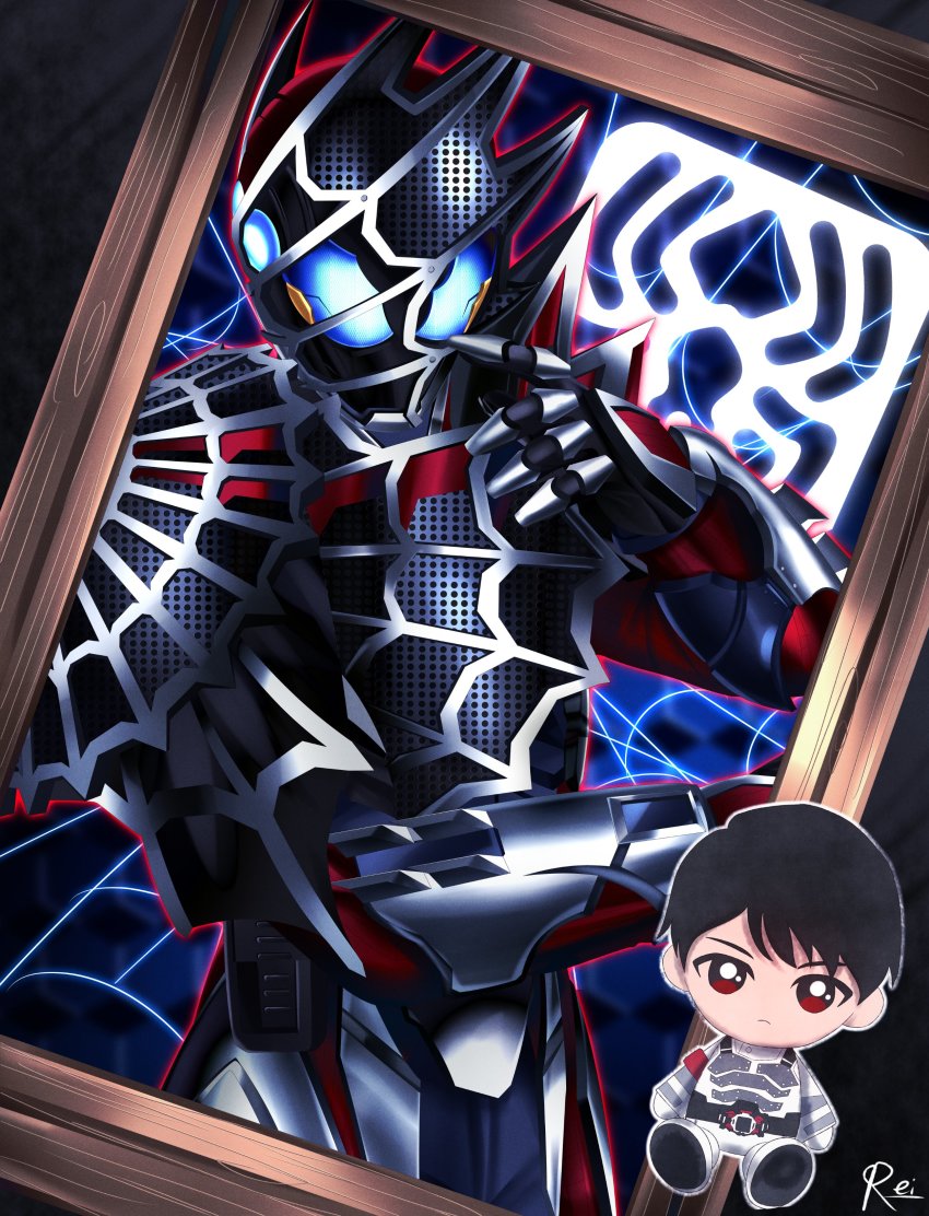 absurdres armor artist_name asymmetrical_armor black_armor black_hair commentary demons_driver drawing_(object) rider_belt english_commentary extra_eyes fenix_uniform gloves highres iei kadota_hiromi kamen_rider kamen_rider_demons kamen_rider_revice mourning picture_frame red_eyes reiei_8 rider_belt signature silk silver_gloves spider_genome spider_web spoilers stamp_mark stuffed_toy vistamp