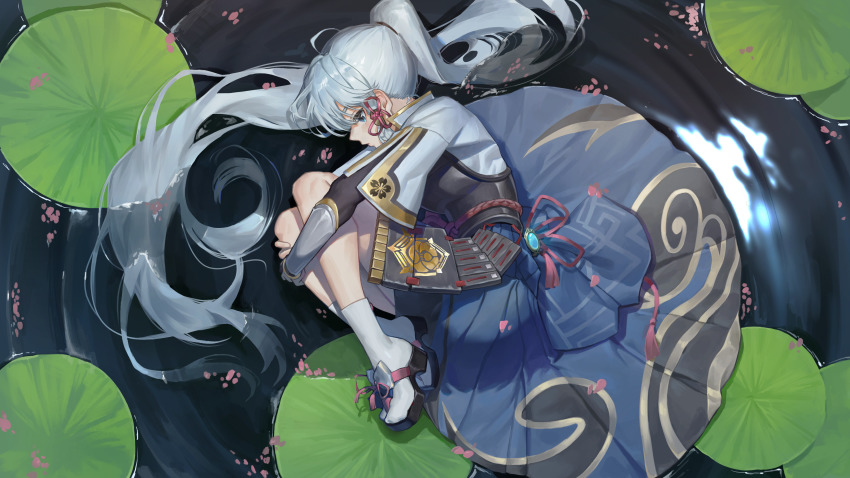 1girl absurdres afloat arm_guards armor ayaka_(genshin_impact) blunt_bangs breastplate commentary_request flower full_body genshin_impact grey_eyes grey_hair hair_ornament hair_ribbon highres hugging_own_legs japanese_clothes knees_to_chest long_hair looking_away lotus lying monky on_side ponytail ribbon short_sleeves sidelocks solo tress_ribbon vision_(genshin_impact)