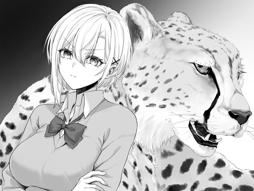 1girl bow bowtie breasts childhood_friend-chan_(pen_nee_(pensis)) closed_mouth collared_shirt crossed_arms greyscale hair_between_eyes hair_ornament highres leopard monochrome original pen_nee_(pensis) school_uniform shirt short_hair sweater upper_body