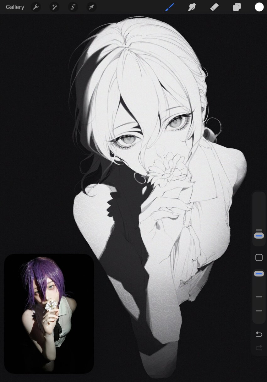 1girl art_program_in_frame black_background breasts chainsaw_man commentary cosplay_photo double-parted_bangs english_commentary flower from_above greyscale hair_between_eyes hand_up highres holding holding_flower looking_at_viewer monochrome photo-referenced photo_(medium) photo_inset reference_inset reze_(chainsaw_man) shirt short_hair siiar_(lvlcmxcix) sleeveless sleeveless_shirt small_breasts solo_focus unfinished