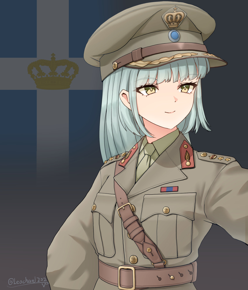 1girl absurdres aqua_hair arm_up artist_name belt breast_pocket brown_belt closed_mouth commentary dress_shirt flag_background greece greek_flag green_hat green_jacket green_necktie green_shirt hat highres jacket leochan1202 long_hair looking_to_the_side military military_rank_insignia military_uniform necktie original peaked_cap pocket ribbon_bar shirt smile upper_body world_war_ii yellow_eyes