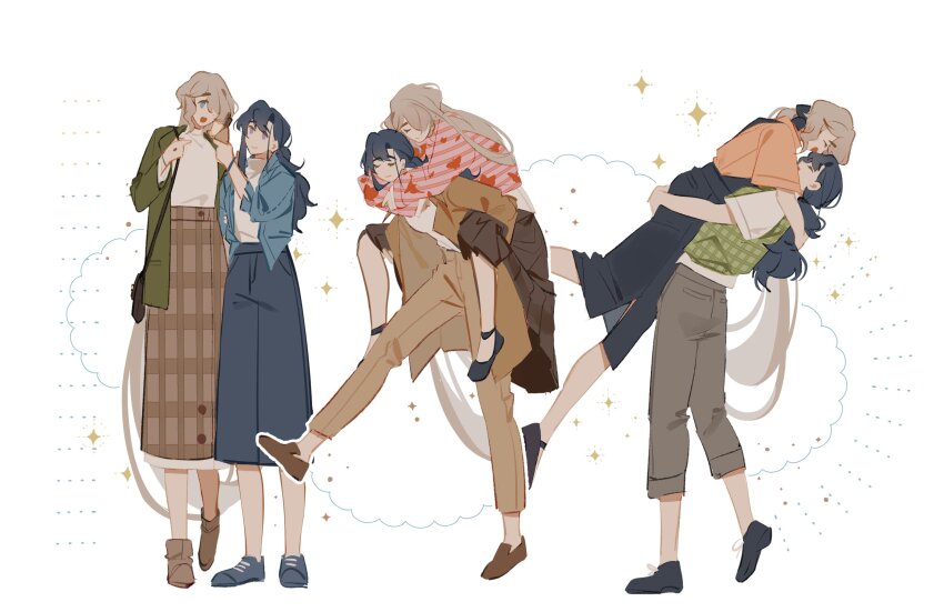 2girls animal_print blue_footwear blue_hair blue_jacket blue_overalls brown_coat brown_footwear brown_hair brown_pants brown_skirt butterfly_print carrying carrying_person coat commentary dark_blue_hair denim denim_skirt english_commentary feeding gingham_skirt green_jacket green_vest highres jacket long_skirt multiple_girls multiple_views original overalls pants piggyback purple_eyes red_sweater shirt skirt striped_clothes striped_sweater sweater vest white_shirt ylceon yuri