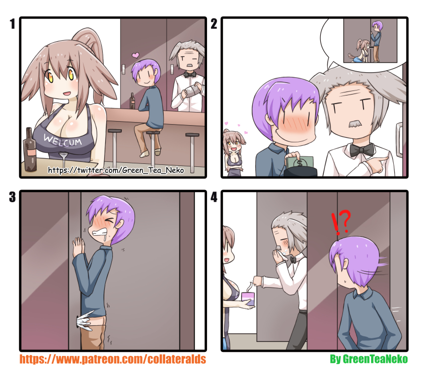 !? 1girl 2boys 4koma absurdres alcohol bad_id bad_pixiv_id banknote bar_(place) beard blush bottle bow bowtie breasts brown_hair brown_pants cleavage clothes_pull collared_shirt comic cum cum_in_mouth cup drinking_glass drooling facial_hair fellatio glory_hole greenteaneko grey_hair grey_shirt heart hetero highres holding holding_money implied_fellatio large_breasts liquor money monster_girl multiple_boys nose_blush oral original overalls pants pants_pull purple_hair shirt signature smile speech_bubble square_4koma teeth wallet white_shirt wine_bottle wine_glass yaoi yellow_eyes |_|