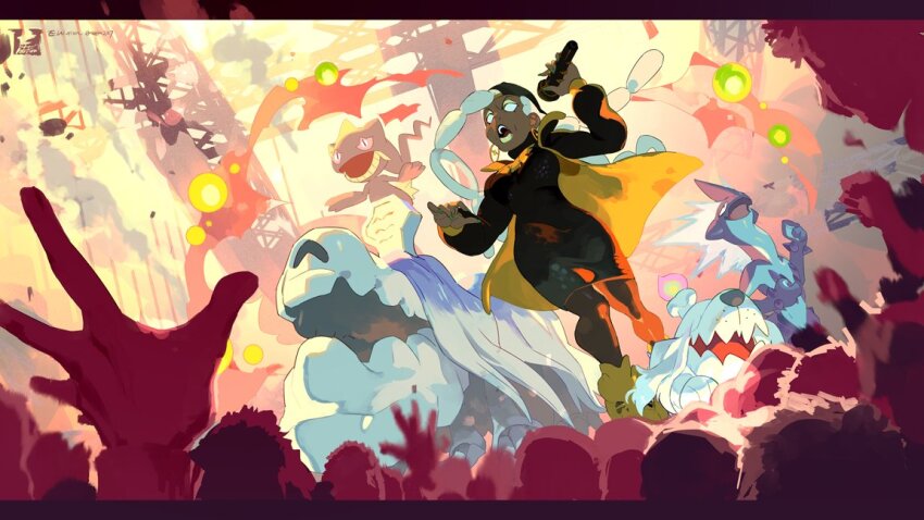 1girl backwards_hat banette baseball_cap black_headwear boots crowd dark-skinned_female dark_skin dress e_volution earrings eyeshadow gen_3_pokemon gen_8_pokemon greavard hat holding holding_microphone houndstone jacket jewelry lipstick long_hair long_sleeves makeup microphone nintendo open_clothes open_jacket open_mouth pantyhose pokemon pokemon_(creature) pokemon_sv ryme_(pokemon) stage standing toxtricity toxtricity_(low_key) white_hair yellow_boots yellow_eyeshadow yellow_lips