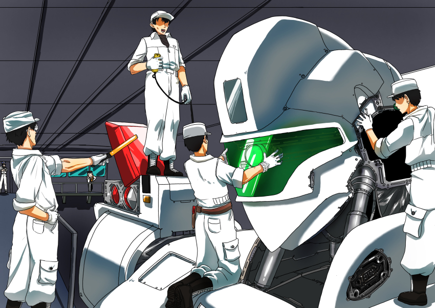 6+boys assault_visor av-98_ingram boots cable commentary_request engineer fake_screenshot gloves hat highres jumpsuit kidou_keisatsu_patlabor machinery mecha multiple_boys no_eyes perspective police police_uniform policeman repairing robot science_fiction tomohawe1250 upper_body when_you_see_it white_gloves window