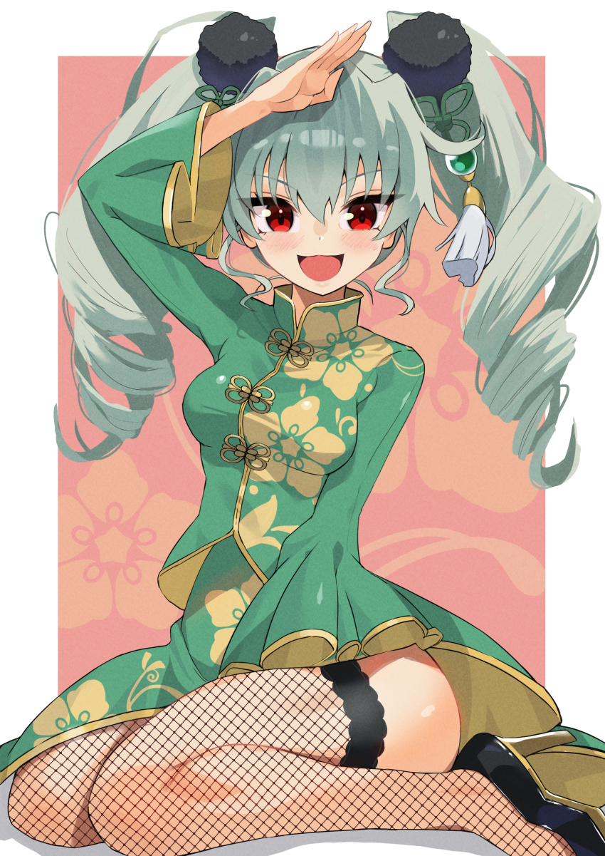 1girl absurdres anchovy_(girls_und_panzer) black_shoes black_thighhighs blaze_(blazeillust) china_dress chinese_clothes commentary dress drill_hair fishnet_thighhighs fishnets floral_background full_body girls_und_panzer green_dress green_hair hair_ornament high_collar high_heels highres long_hair long_sleeves looking_at_viewer medium_dress open_mouth pink_background red_eyes salute shoes sitting smile solo tassel tassel_hair_ornament thighhighs twin_drills twintails wariza