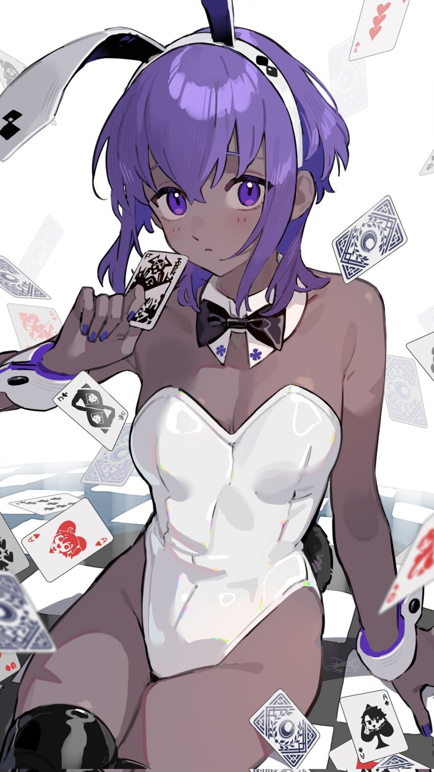 1girl ace_(playing_card) ace_of_hearts ace_of_spades animal_ears assassin_(fate/zero) bare_shoulders blush bow bowtie breasts card cleavage closed_mouth colored_skin covered_navel dark-skinned_female dark_skin detached_collar fake_animal_ears fake_tail fate/grand_order fate/prototype fate/prototype:_fragments_of_blue_and_silver fate_(series) female_assassin_(fate/zero) fujimaru_ritsuka_(female) fujimaru_ritsuka_(male) grey_skin hair_between_eyes hairband hassan_of_serenity_(fate) hassan_of_the_cursed_arm_(fate) heart highleg highleg_leotard highres holding holding_card king_hassan_(fate) leotard looking_at_viewer mask medium_breasts nao_(syn_eaa) playboy_bunny playing_card purple_eyes purple_hair rabbit_ears rabbit_tail riyo_(lyomsnpmp)_(style) short_hair skull_mask solo spade_(shape) strapless strapless_leotard tail traditional_bowtie very_dark_skin white_leotard wrist_cuffs