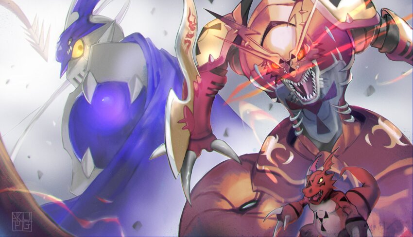 armor cape chaosdukemon claws digimon digimon_(creature) digital_hazard full_armor guilmon highres looking_at_viewer megidramon sharp_teeth teeth triangle_mouth
