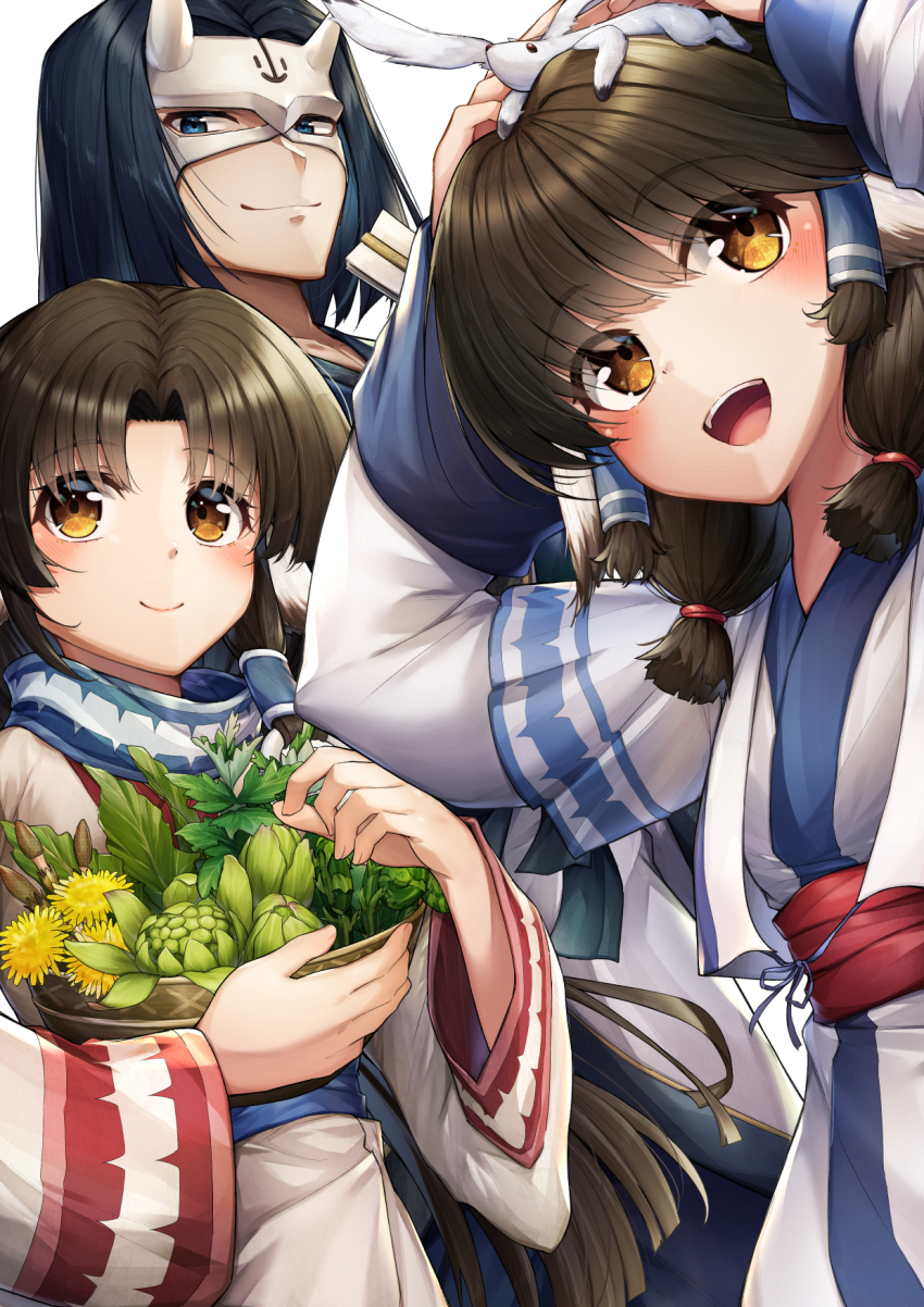 1boy 2girls :d animal animal_ears animal_on_head arms_up aruruu basket black_hair blue_eyes blue_sash blush brown_eyes closed_mouth commentary_request eruruu eye_mask eyelashes eyes_visible_through_hair hair_between_eyes hair_tubes hakuowlo herb highres holding holding_basket japanese_clothes kimono lips long_hair long_sleeves looking_at_another looking_up marutenmaruten medium_hair multiple_girls nose on_head open_mouth parted_bangs red_sash rubber_band sash siblings sidelocks simple_background sisters smile straight_hair teeth upper_teeth_only upturned_eyes utawarerumono utawarerumono:_itsuwari_no_kamen white_background white_kimono white_sleeves