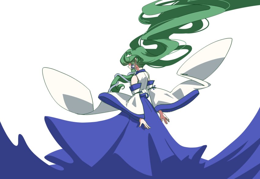 1girl ay606078 bare_shoulders blue_skirt detached_sleeves floating_hair frog_hair_ornament from_behind green_hair hair_ornament hair_tubes highres kochiya_sanae long_hair long_skirt long_sleeves shirt simple_background single_hair_tube single_sidelock skirt skirt_set sleeve_bow sleeveless sleeveless_shirt snake_hair_ornament solo touhou very_long_hair white_background wide_sleeves