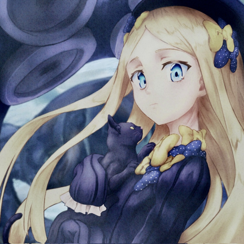 1girl abigail_williams_(fate) animal black_cat black_dress blonde_hair blue_eyes bow cat commentary_request dress expressionless fate/grand_order fate_(series) flat_chest hair_bow highres holding holding_animal holding_cat long_hair looking_at_viewer mt_(mt_203) multiple_hair_bows sleeves_past_fingers sleeves_past_wrists solo suction_cups tentacles