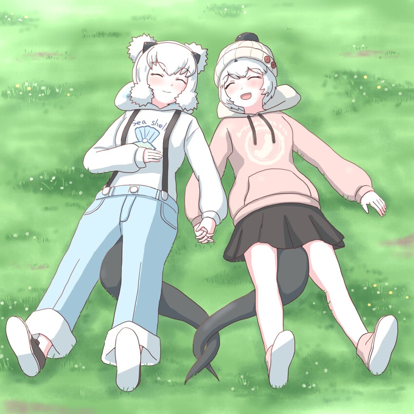 2girls alaskan_sea_otter_(kemono_friends) animal_ears beanie black_footwear black_skirt blue_pants blush californian_sea_otter_(kemono_friends) denim double_bun grey_hair hair_between_eyes hair_bun hat highres holding_hands hood hood_down hoodie jeans kemono_friends kemono_friends_3 long_sleeves lying mukouyama_mu multicolored_hair multiple_girls official_alternate_costume on_back on_grass open_mouth otter_ears otter_girl otter_tail pants pink_hoodie pink_shoes pleated_skirt shoes short_hair sidelocks skirt smile sneakers suspenders tail tail_wrap white_hair white_headwear white_hoodie