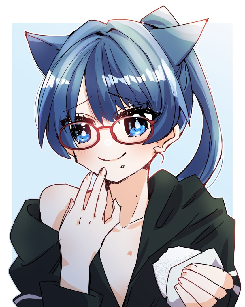 1girl alt_text animal_ears black_jacket blue_background blue_eyes blue_hair blush border borrowed_clothes cat_ears check_commentary closed_mouth collarbone commentary_request food food_on_face glasses hair_intakes hand_on_own_chin hickey highres holding holding_food hood hooded_jacket jacket kanduki_kamibukuro kemonomimi_mode link!_like!_love_live! lone_nape_hair long_hair love_live! mole mole_on_neck murano_sayaka naked_jacket nervous onigiri outside_border red-framed_eyewear simple_background single_bare_shoulder single_off_shoulder smile solo track_jacket upper_body virtual_youtuber white_border yugiri_tsuzuri yugiri_tsuzuri_(summer_loungewear)