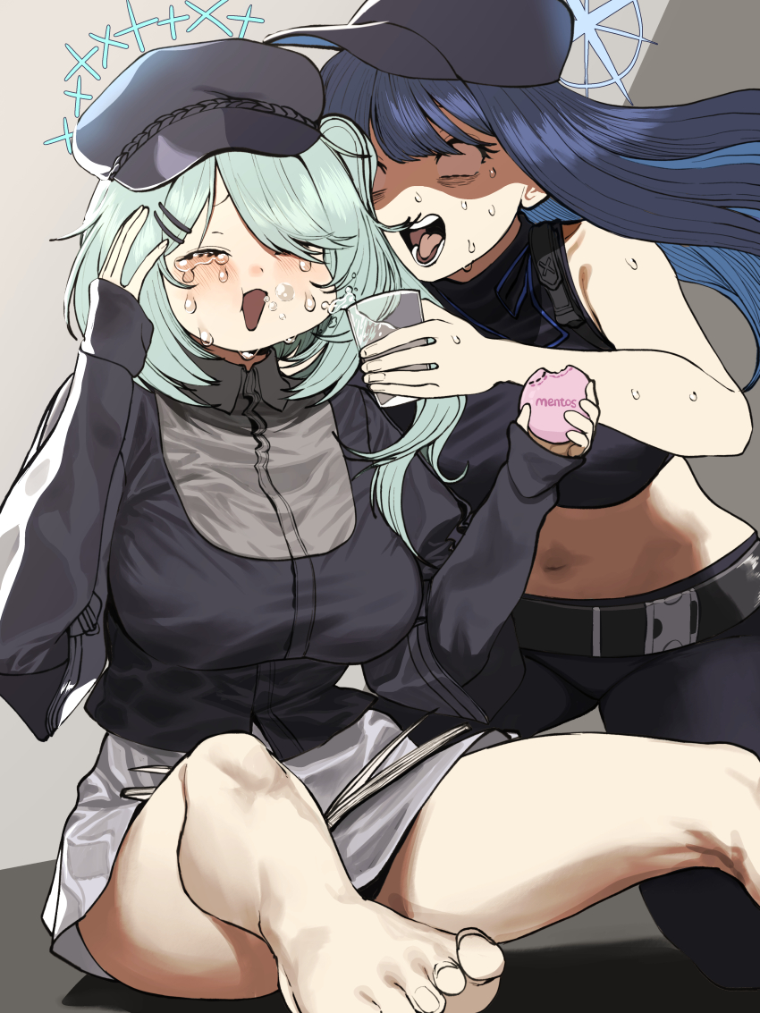 2girls absurdres aqua_hair asymmetrical_bangs bar_soap bare_legs barefoot baseball_cap belt bite_mark black_belt black_hat blank_eyes blue_archive blue_halo blush book book_on_lap breasts buckle cabbie_hat cheek_bulge chest_harness chroong closed_eyes crying cup eating glass hair_ornament hair_over_one_eye hairclip halo hands_up harness hat highres hiyori_(blue_archive) holding holding_cup kneeling large_breasts legs long_hair long_sleeves multiple_girls navel no_mask open_mouth panicking saori_(blue_archive) shirt side_ponytail sitting skirt sleeveless sleeveless_shirt sleeves_past_wrists snap-fit_buckle soap soap_bubbles streaming_tears sweat tears toenails toes tongue water white_skirt