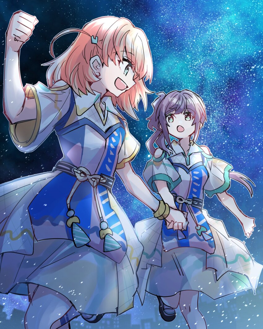 2girls :d :o aurora blue_dress blue_eyes clenched_hand clothing_cutout collared_dress commentary crossed_bangs dress feet_out_of_frame genyo_yako green_eyes hair_ornament highres hinoshita_kaho holding_hands kanduki_kamibukuro link!_like!_love_live! long_hair love_live! medium_dress medium_hair multicolored_dress multiple_girls open_mouth orange_hair otomune_kozue purple_dress purple_hair rabbit_hair_ornament shoes short_sleeves shoulder_cutout side_ponytail sidelocks sideways_mouth sky smile star_(sky) starry_sky two_side_up virtual_youtuber