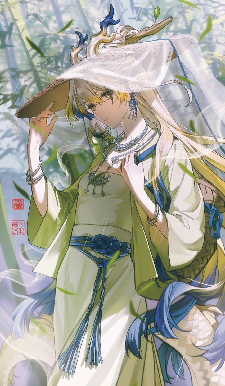 1girl absurdres alternate_costume alternate_hairstyle arknights backpack_basket bag bamboo beizi_(clothing) blonde_hair blue_hair bracelet breasts changmingsuo chinese_clothes closed_mouth cowboy_shot dress earrings eastern_dragon_horns eastern_dragon_tail gradient_eyes gradient_hair green_eyes gugulayle hair_ornament hair_stick hand_on_headwear hanfu hat highres horns jacket jewelry long_hair long_sleeves looking_at_viewer muli multicolored_eyes multicolored_hair necklace open_clothes outdoors red_pupils seal_impression shu_(arknights) small_breasts smile solo standing tail tassel topknot very_long_hair white_hair wide_sleeves yellow_eyes
