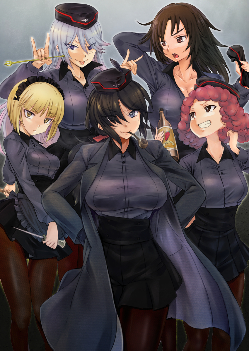 5girls absurdres black_hair black_pantyhose blonde_hair blue_eyes blue_hair blush breasts brown_eyes cleavage closed_mouth collarbone cutlass_(girls_und_panzer) flint_(girls_und_panzer) fox_shadow_puppet girls_und_panzer grin hair_ribbon hands_on_own_hips hat highres kuromorimine_school_uniform large_breasts long_hair looking_at_another looking_at_viewer maid_headdress military_hat miniskirt multiple_girls murakami_(girls_und_panzer) nabeyu ogin_(girls_und_panzer) open_mouth pantyhose red_hair ribbon rum_(girls_und_panzer) school_uniform short_hair skirt small_breasts smile smoking_pipe tongue tongue_out yellow_eyes